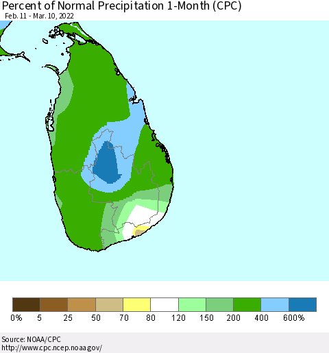 Sri Lanka Percent of Normal Precipitation 1-Month (CPC) Thematic Map For 2/11/2022 - 3/10/2022