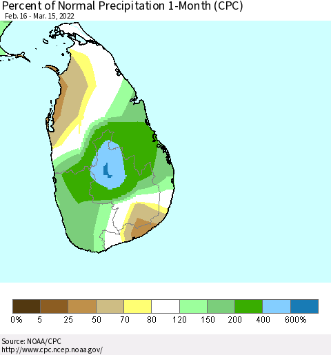 Sri Lanka Percent of Normal Precipitation 1-Month (CPC) Thematic Map For 2/16/2022 - 3/15/2022