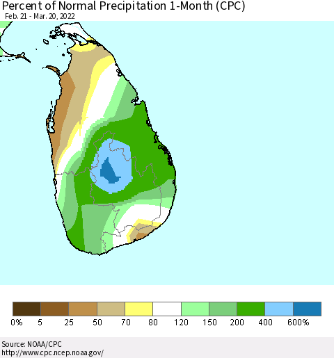 Sri Lanka Percent of Normal Precipitation 1-Month (CPC) Thematic Map For 2/21/2022 - 3/20/2022