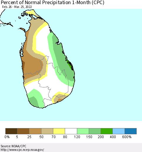 Sri Lanka Percent of Normal Precipitation 1-Month (CPC) Thematic Map For 2/26/2022 - 3/25/2022