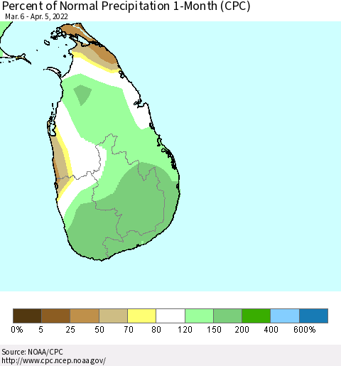 Sri Lanka Percent of Normal Precipitation 1-Month (CPC) Thematic Map For 3/6/2022 - 4/5/2022