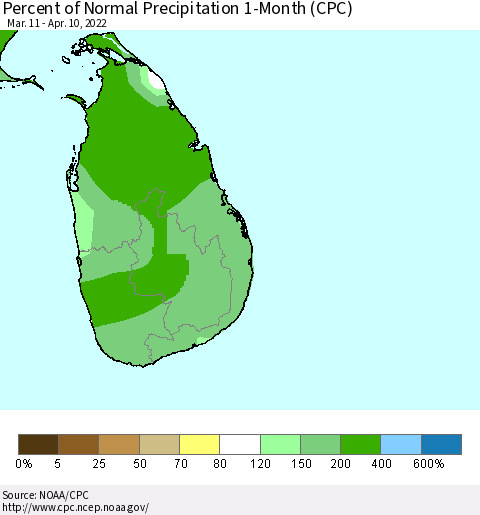 Sri Lanka Percent of Normal Precipitation 1-Month (CPC) Thematic Map For 3/11/2022 - 4/10/2022