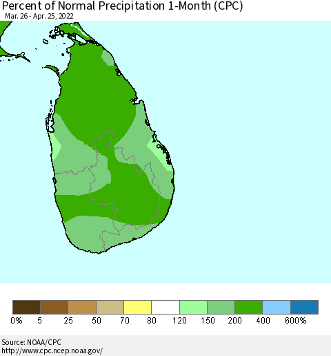 Sri Lanka Percent of Normal Precipitation 1-Month (CPC) Thematic Map For 3/26/2022 - 4/25/2022