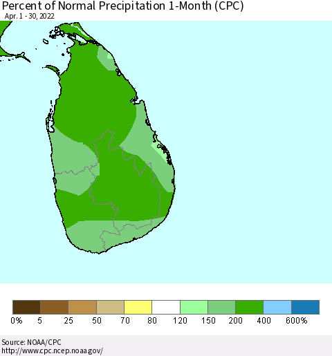 Sri Lanka Percent of Normal Precipitation 1-Month (CPC) Thematic Map For 4/1/2022 - 4/30/2022