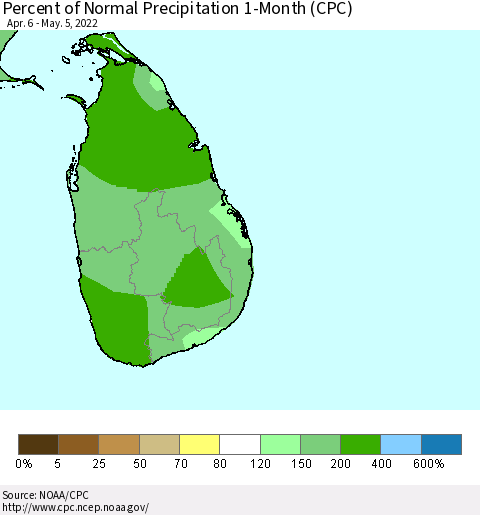 Sri Lanka Percent of Normal Precipitation 1-Month (CPC) Thematic Map For 4/6/2022 - 5/5/2022