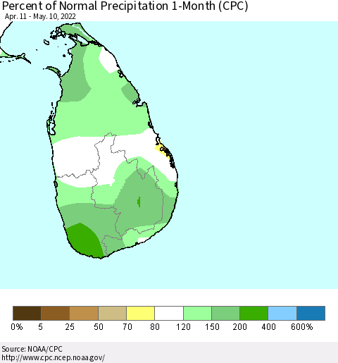 Sri Lanka Percent of Normal Precipitation 1-Month (CPC) Thematic Map For 4/11/2022 - 5/10/2022