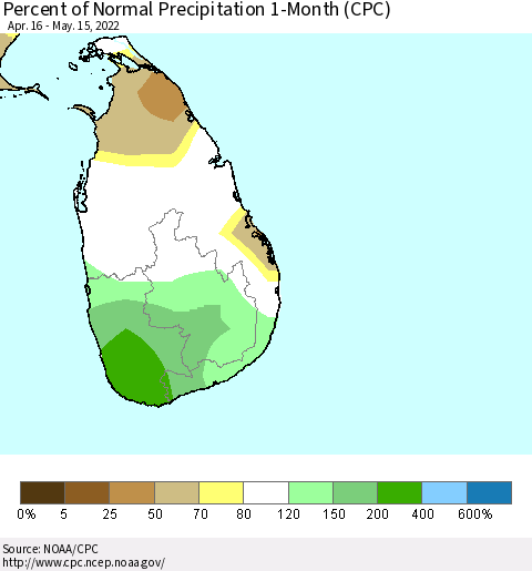 Sri Lanka Percent of Normal Precipitation 1-Month (CPC) Thematic Map For 4/16/2022 - 5/15/2022