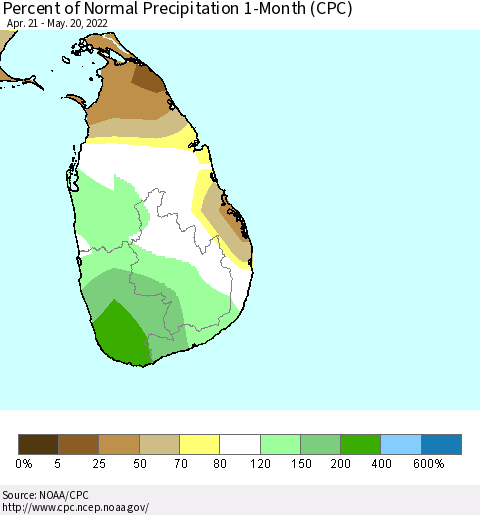 Sri Lanka Percent of Normal Precipitation 1-Month (CPC) Thematic Map For 4/21/2022 - 5/20/2022