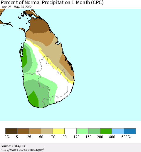 Sri Lanka Percent of Normal Precipitation 1-Month (CPC) Thematic Map For 4/26/2022 - 5/25/2022