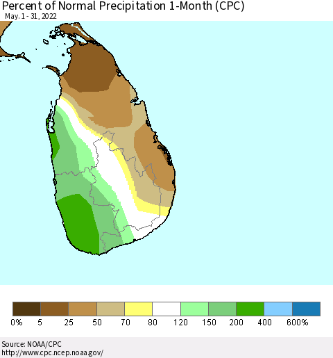 Sri Lanka Percent of Normal Precipitation 1-Month (CPC) Thematic Map For 5/1/2022 - 5/31/2022