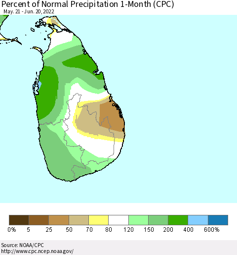 Sri Lanka Percent of Normal Precipitation 1-Month (CPC) Thematic Map For 5/21/2022 - 6/20/2022