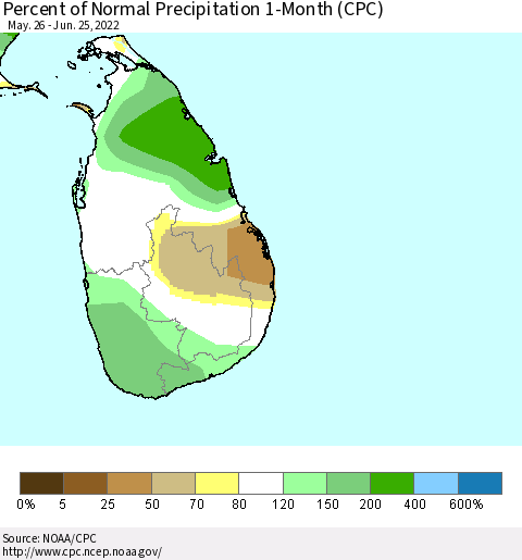 Sri Lanka Percent of Normal Precipitation 1-Month (CPC) Thematic Map For 5/26/2022 - 6/25/2022