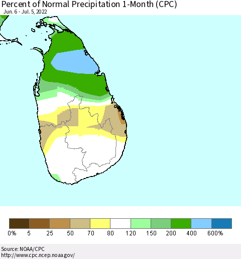 Sri Lanka Percent of Normal Precipitation 1-Month (CPC) Thematic Map For 6/6/2022 - 7/5/2022