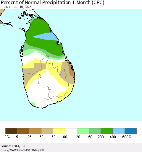 Sri Lanka Percent of Normal Precipitation 1-Month (CPC) Thematic Map For 6/11/2022 - 7/10/2022