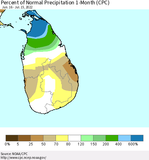 Sri Lanka Percent of Normal Precipitation 1-Month (CPC) Thematic Map For 6/16/2022 - 7/15/2022