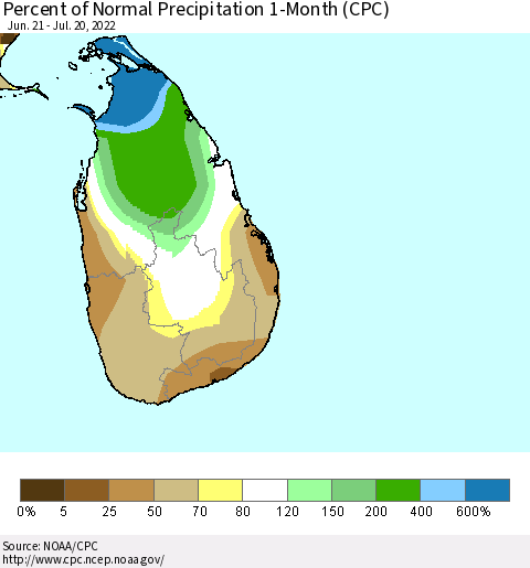 Sri Lanka Percent of Normal Precipitation 1-Month (CPC) Thematic Map For 6/21/2022 - 7/20/2022