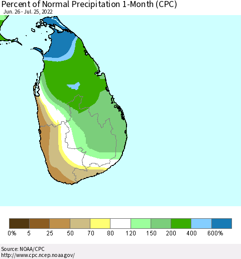 Sri Lanka Percent of Normal Precipitation 1-Month (CPC) Thematic Map For 6/26/2022 - 7/25/2022