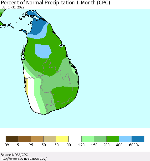 Sri Lanka Percent of Normal Precipitation 1-Month (CPC) Thematic Map For 7/1/2022 - 7/31/2022
