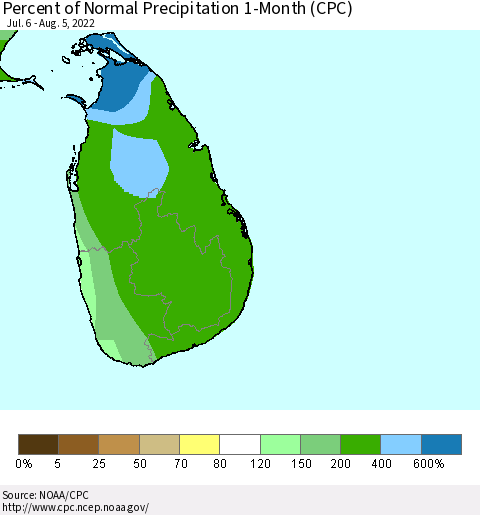 Sri Lanka Percent of Normal Precipitation 1-Month (CPC) Thematic Map For 7/6/2022 - 8/5/2022