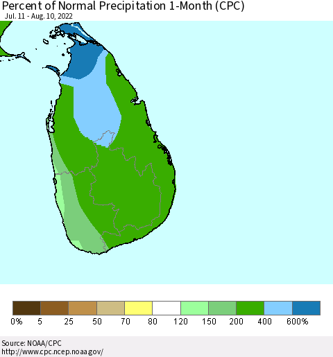 Sri Lanka Percent of Normal Precipitation 1-Month (CPC) Thematic Map For 7/11/2022 - 8/10/2022