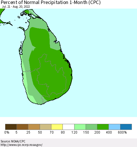 Sri Lanka Percent of Normal Precipitation 1-Month (CPC) Thematic Map For 7/21/2022 - 8/20/2022