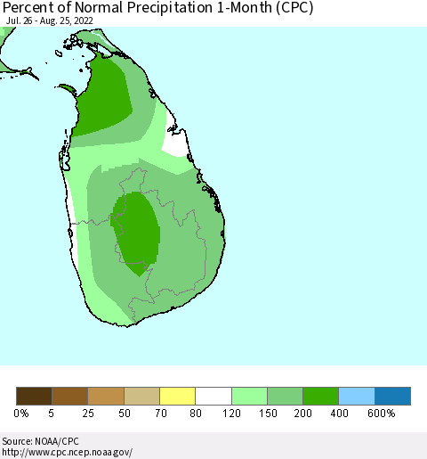 Sri Lanka Percent of Normal Precipitation 1-Month (CPC) Thematic Map For 7/26/2022 - 8/25/2022