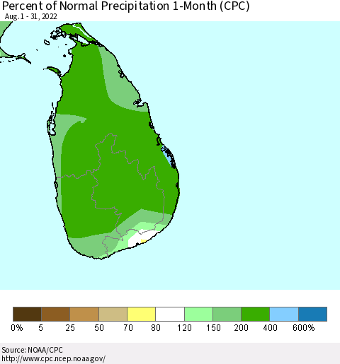 Sri Lanka Percent of Normal Precipitation 1-Month (CPC) Thematic Map For 8/1/2022 - 8/31/2022