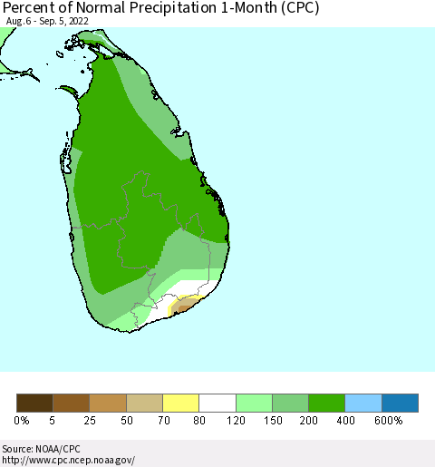 Sri Lanka Percent of Normal Precipitation 1-Month (CPC) Thematic Map For 8/6/2022 - 9/5/2022