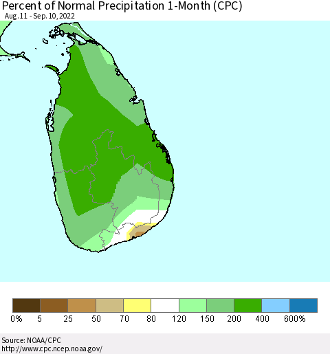 Sri Lanka Percent of Normal Precipitation 1-Month (CPC) Thematic Map For 8/11/2022 - 9/10/2022