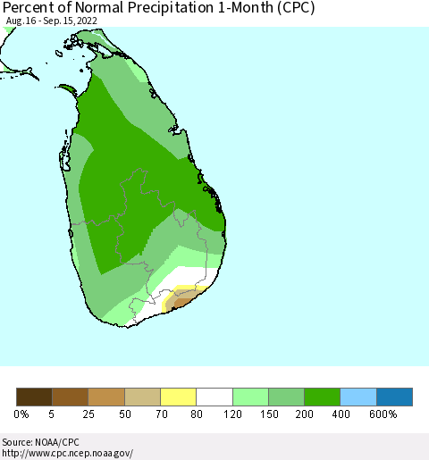 Sri Lanka Percent of Normal Precipitation 1-Month (CPC) Thematic Map For 8/16/2022 - 9/15/2022