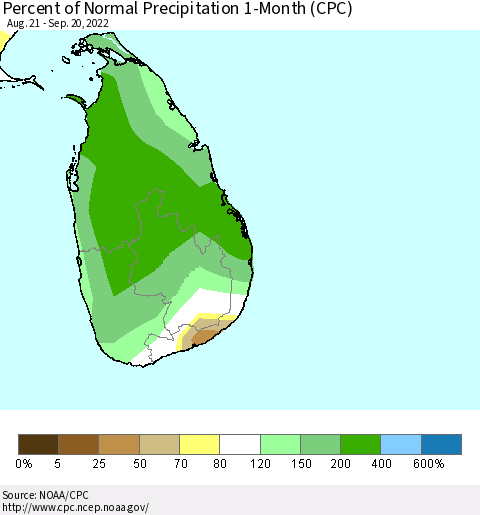 Sri Lanka Percent of Normal Precipitation 1-Month (CPC) Thematic Map For 8/21/2022 - 9/20/2022