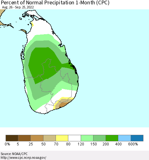 Sri Lanka Percent of Normal Precipitation 1-Month (CPC) Thematic Map For 8/26/2022 - 9/25/2022