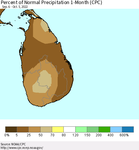 Sri Lanka Percent of Normal Precipitation 1-Month (CPC) Thematic Map For 9/6/2022 - 10/5/2022