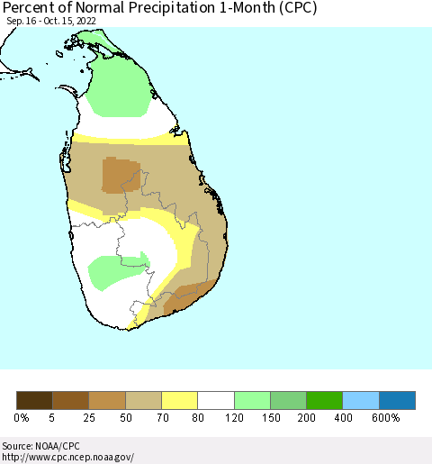 Sri Lanka Percent of Normal Precipitation 1-Month (CPC) Thematic Map For 9/16/2022 - 10/15/2022