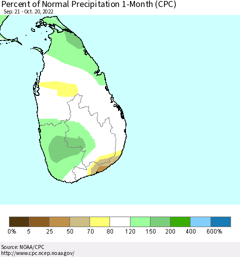 Sri Lanka Percent of Normal Precipitation 1-Month (CPC) Thematic Map For 9/21/2022 - 10/20/2022