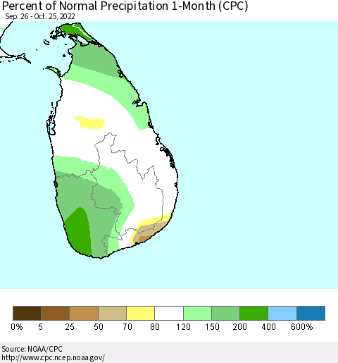 Sri Lanka Percent of Normal Precipitation 1-Month (CPC) Thematic Map For 9/26/2022 - 10/25/2022