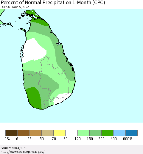 Sri Lanka Percent of Normal Precipitation 1-Month (CPC) Thematic Map For 10/6/2022 - 11/5/2022