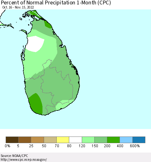 Sri Lanka Percent of Normal Precipitation 1-Month (CPC) Thematic Map For 10/16/2022 - 11/15/2022
