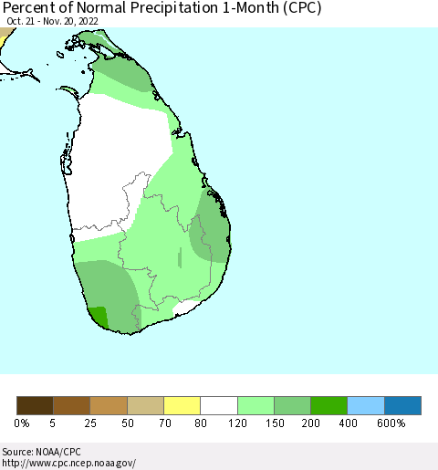 Sri Lanka Percent of Normal Precipitation 1-Month (CPC) Thematic Map For 10/21/2022 - 11/20/2022
