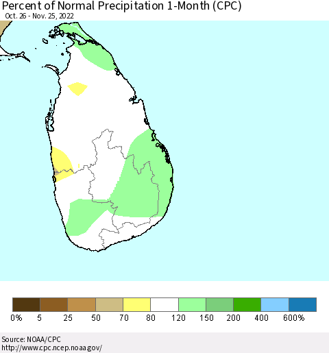 Sri Lanka Percent of Normal Precipitation 1-Month (CPC) Thematic Map For 10/26/2022 - 11/25/2022
