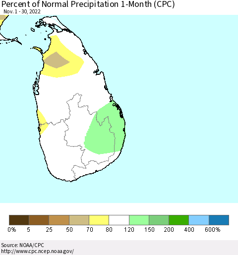 Sri Lanka Percent of Normal Precipitation 1-Month (CPC) Thematic Map For 11/1/2022 - 11/30/2022