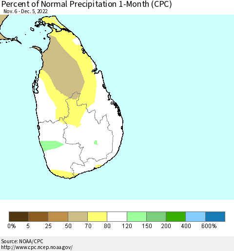 Sri Lanka Percent of Normal Precipitation 1-Month (CPC) Thematic Map For 11/6/2022 - 12/5/2022