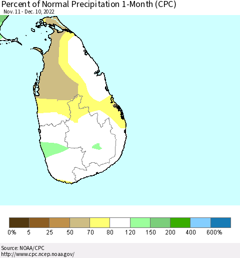 Sri Lanka Percent of Normal Precipitation 1-Month (CPC) Thematic Map For 11/11/2022 - 12/10/2022