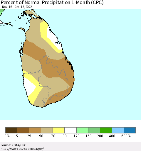 Sri Lanka Percent of Normal Precipitation 1-Month (CPC) Thematic Map For 11/16/2022 - 12/15/2022