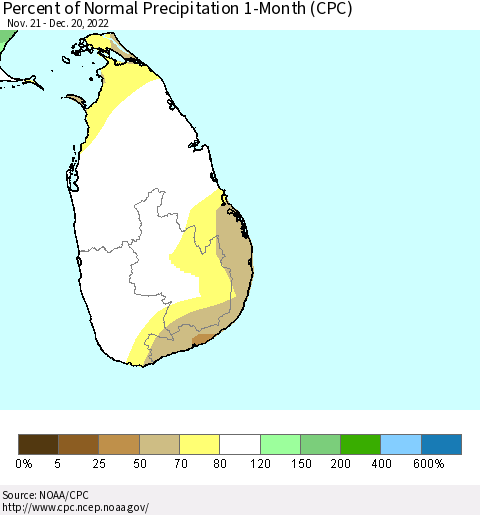 Sri Lanka Percent of Normal Precipitation 1-Month (CPC) Thematic Map For 11/21/2022 - 12/20/2022