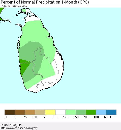 Sri Lanka Percent of Normal Precipitation 1-Month (CPC) Thematic Map For 11/26/2022 - 12/25/2022
