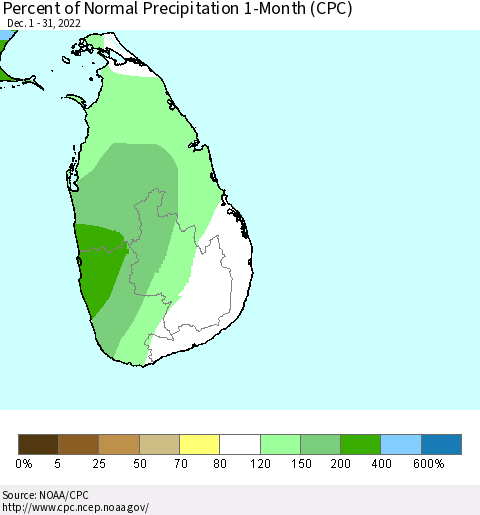 Sri Lanka Percent of Normal Precipitation 1-Month (CPC) Thematic Map For 12/1/2022 - 12/31/2022