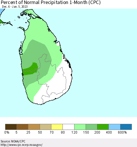 Sri Lanka Percent of Normal Precipitation 1-Month (CPC) Thematic Map For 12/6/2022 - 1/5/2023