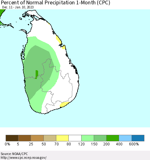 Sri Lanka Percent of Normal Precipitation 1-Month (CPC) Thematic Map For 12/11/2022 - 1/10/2023