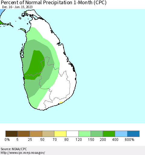 Sri Lanka Percent of Normal Precipitation 1-Month (CPC) Thematic Map For 12/16/2022 - 1/15/2023